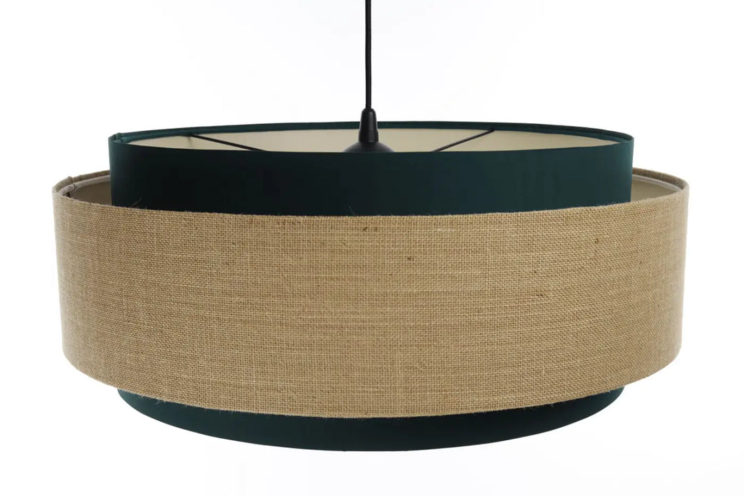 Suspension luminaire doblo classic avec tissu vert velours intérieur et style écru chic en burlap naturel