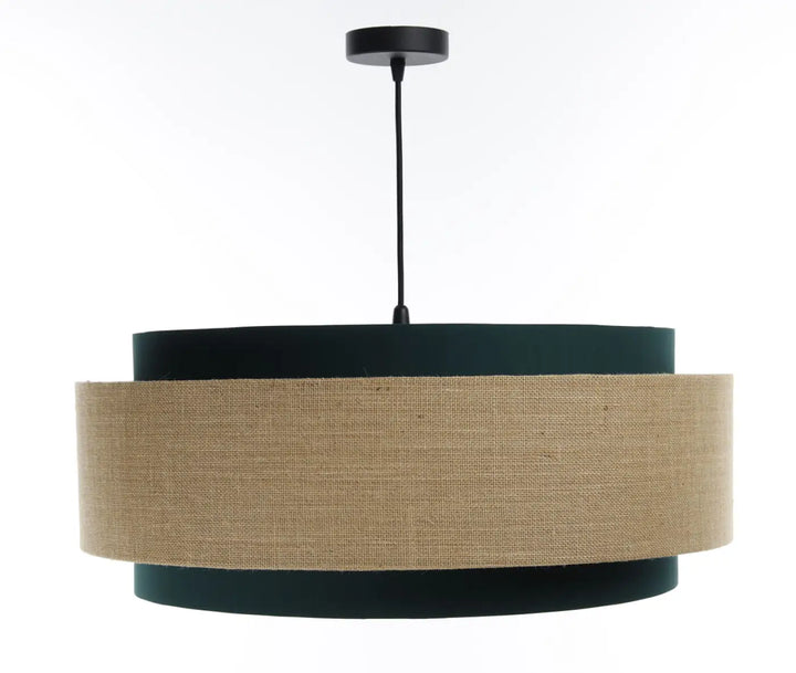 Suspension luminaire doblo classic avec anneaux en tissu vert velours et écru chic en bande de toile naturelle
