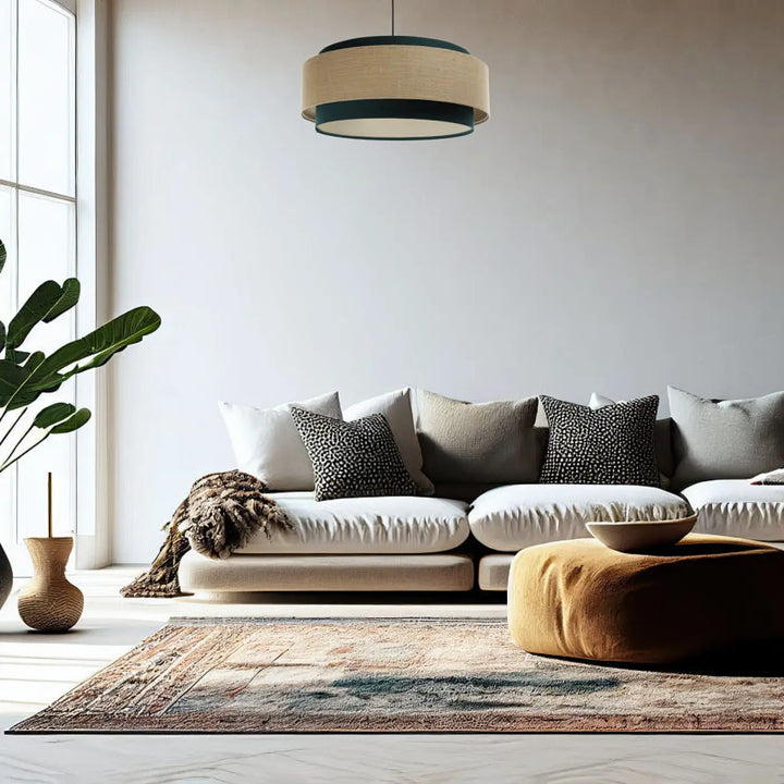 Suspension luminaire doblo classic en tissu vert et écru avec texture tissée beige style écru chic