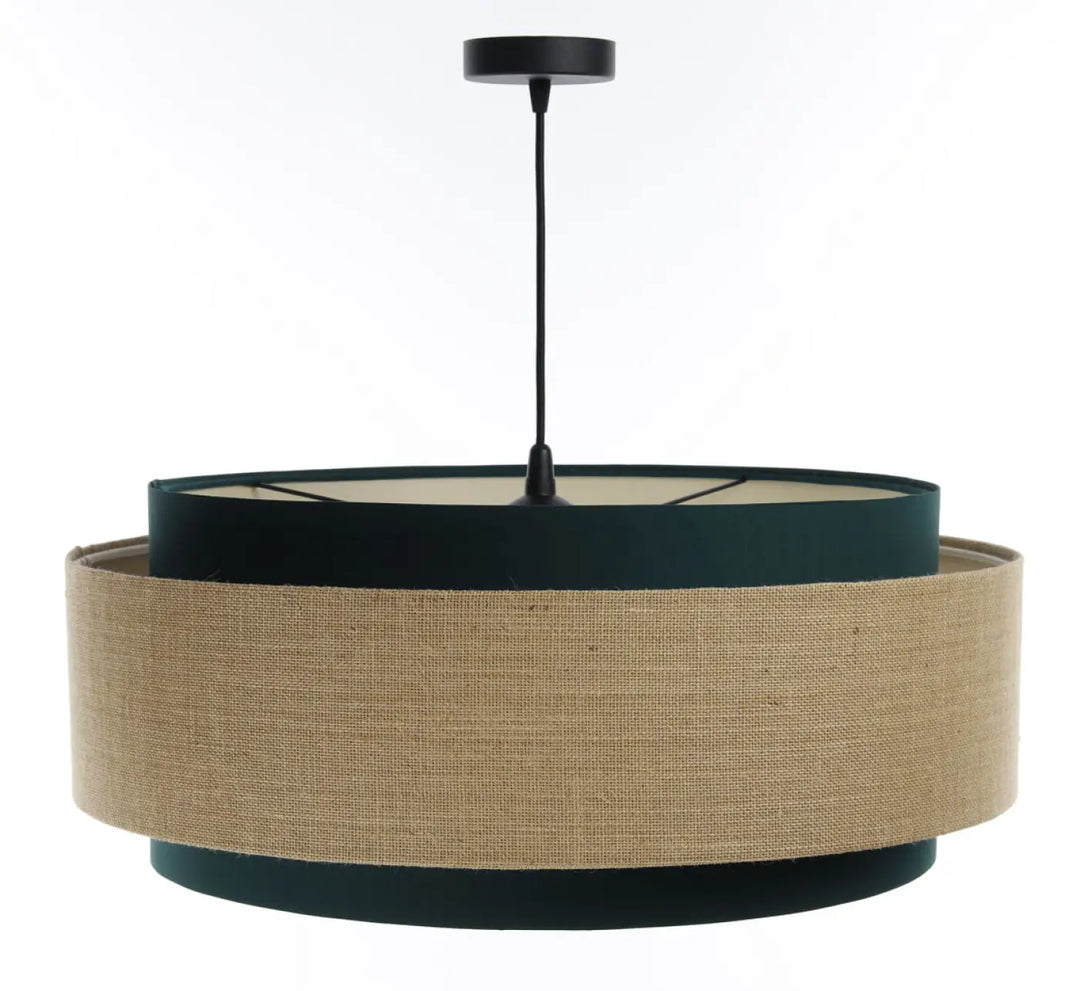 Suspension luminaire doblo classic avec tissu vert velours intérieur et anneau écru en burlap style écru chic