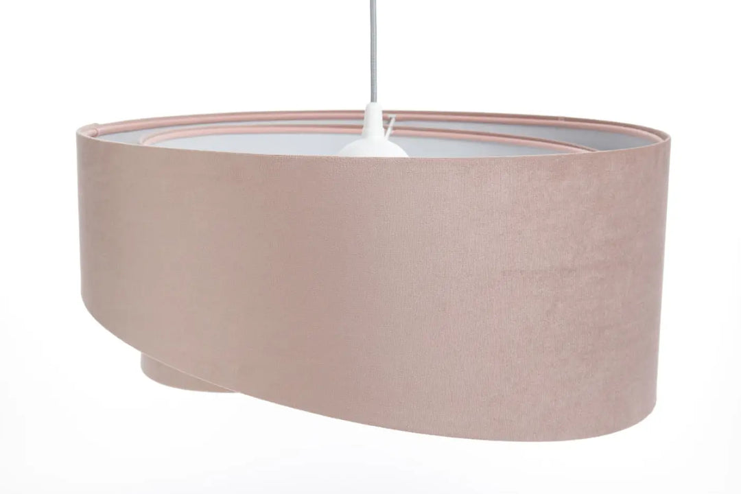 Suspension luminaire vieux rose avec abat-jour ovale en tissu vieux rose texturé et fixation centrale blanche