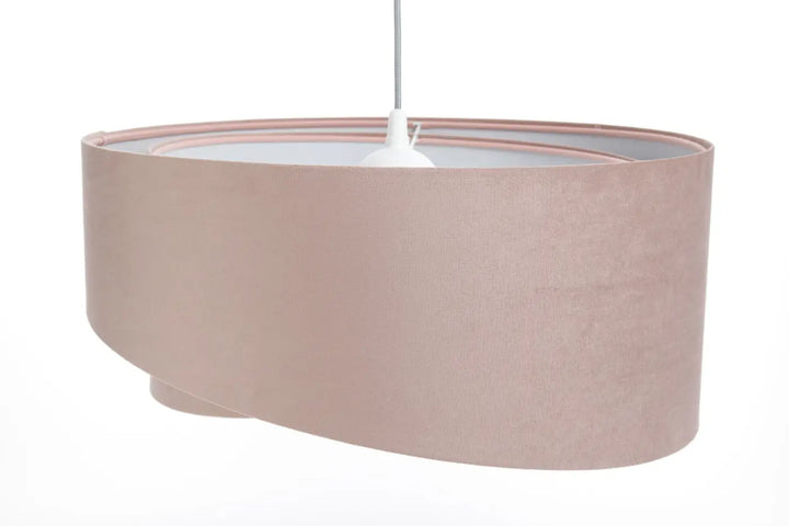 Suspension luminaire vieux rose avec abat-jour ovale en tissu vieux rose texturé et fixation centrale blanche