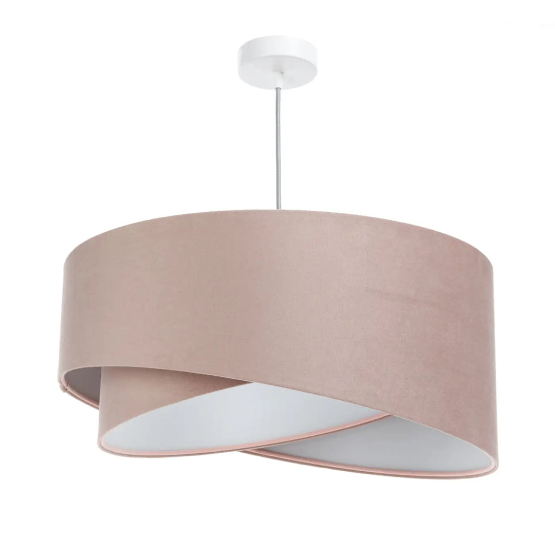 Suspension luminaire en tissu vieux rose avec abat-jour en velours blush et design circulaire superposé blanc intérieur
