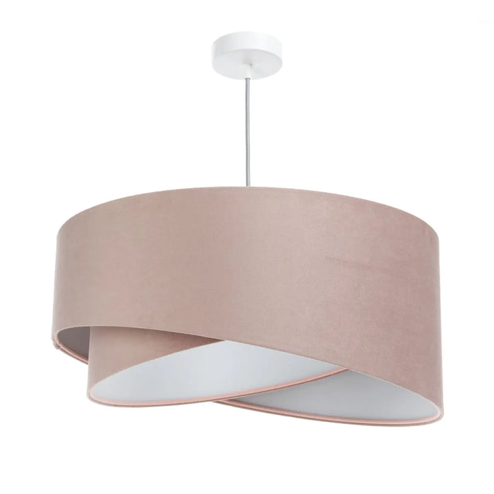 Suspension luminaire en tissu vieux rose avec abat-jour en velours blush et design circulaire superposé blanc intérieur