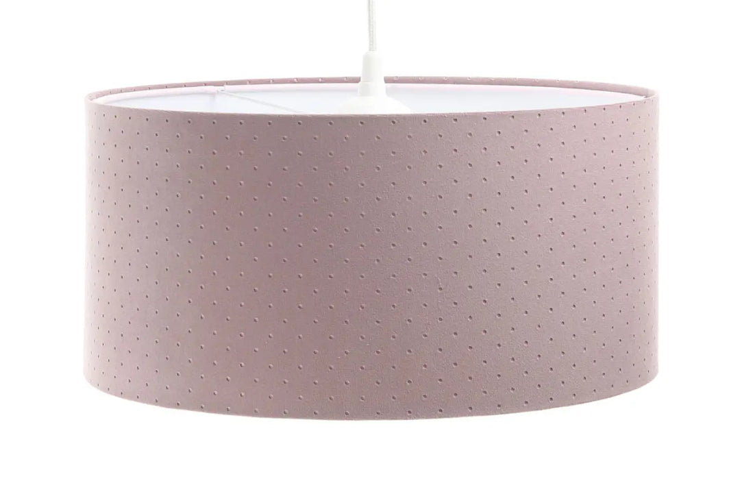 Suspension luminaire classic jasmin violet clair avec abat-jour cylindrique tissu violet rose clair à texture ponctuée
