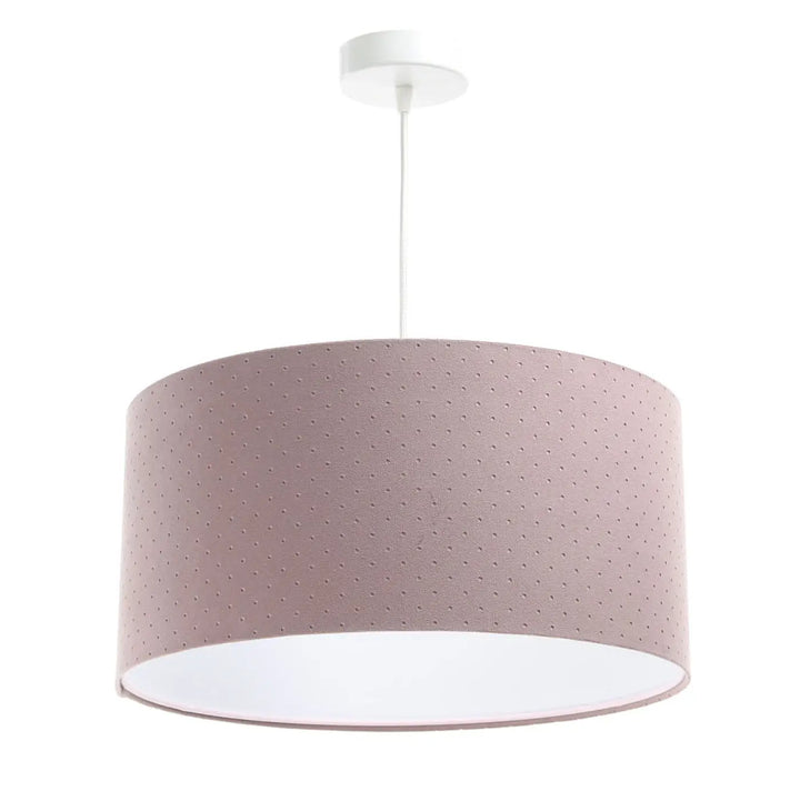 Suspension luminaire classic jasmin violet clair tissu violet avec abat-jour cylindrique rose doux à texture ponctuée légère et intérieur blanc