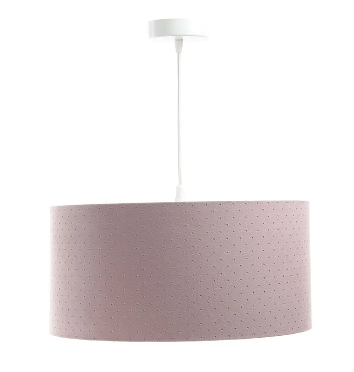 Suspension luminaire classic jasmin violet clair en tissu violet avec abat-jour cylindrique rose doux à texture ponctuée