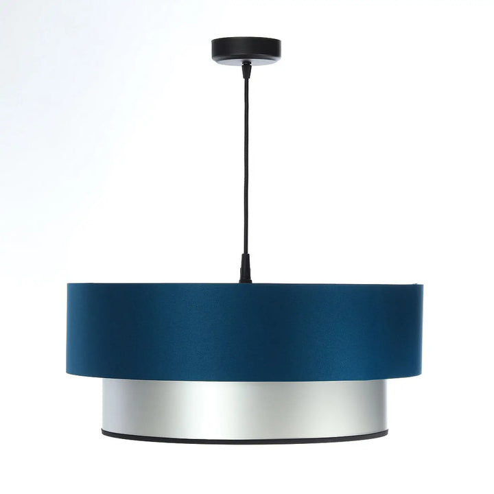 Suspension luminaire duo turquoise avec double abat-jour en tissu bleu profond et base métallique argentée élégante