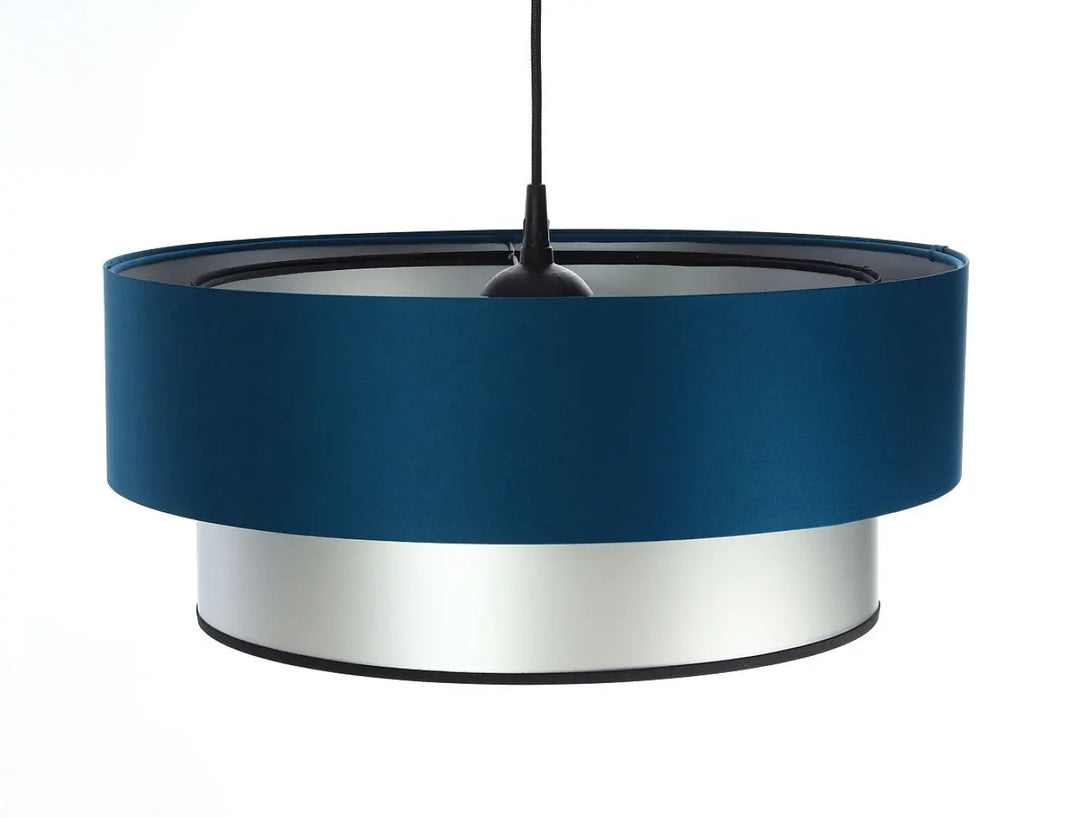 Suspension luminaire duo avec abat-jour en tissu turquoise profond et base métallique argentée élégante