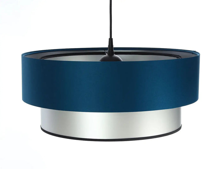 Suspension luminaire duo avec abat-jour en tissu turquoise profond et base métallique argentée élégante