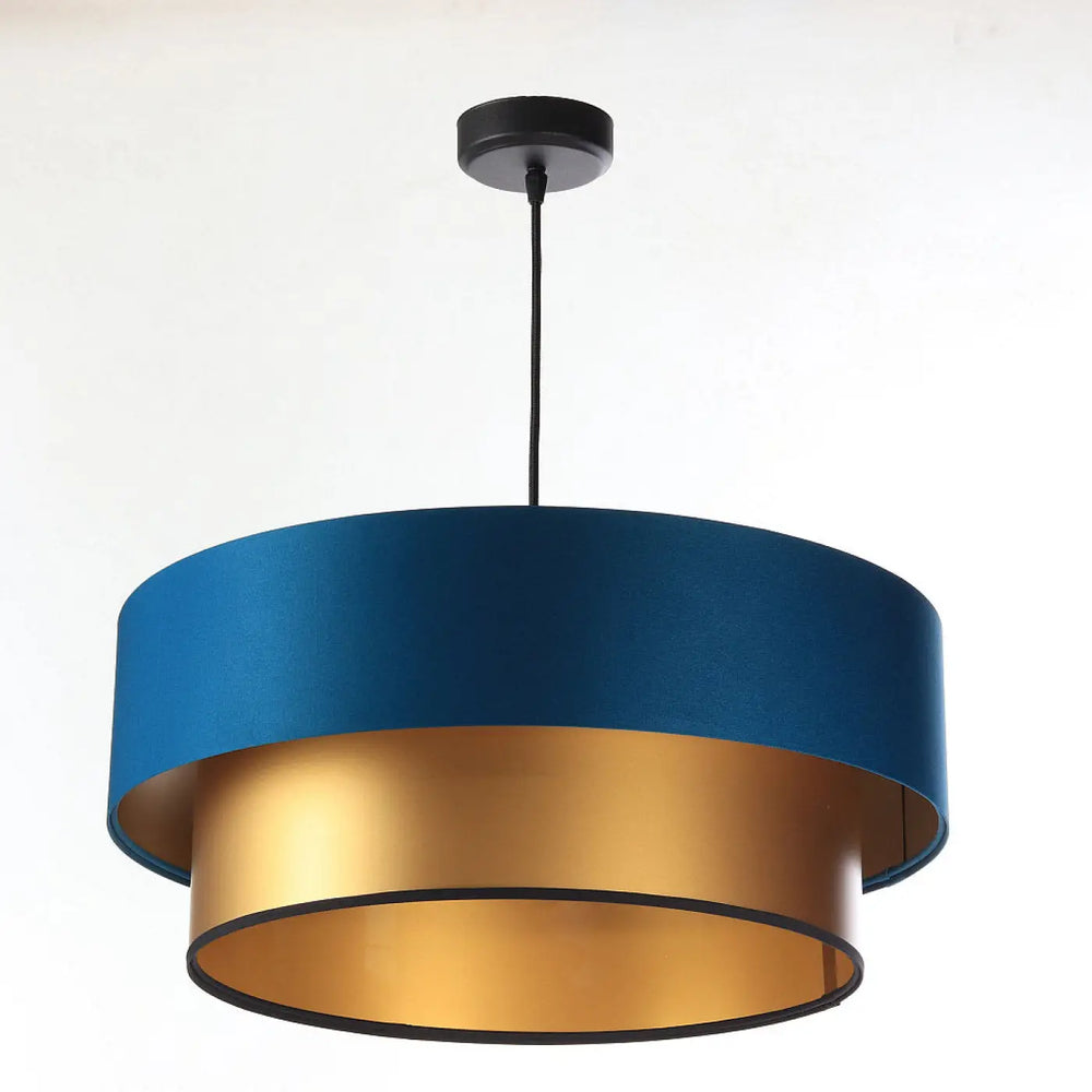 Suspension luminaire duo turquoise doré à deux niveaux avec abat-jour bleu profond et intérieur doré suspendu par câble noir