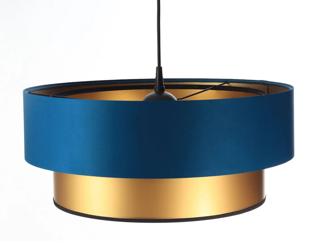 Suspension luminaire duo turquoise et doré à deux niveaux avec un abat-jour en tissu mat bleu et or