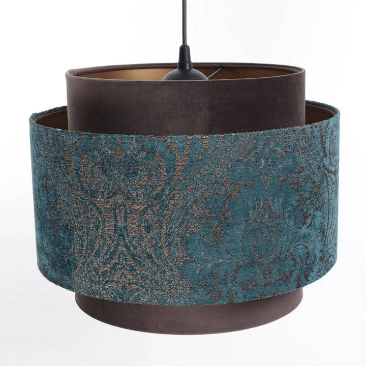 Suspension luminaire doblo avec abat-jour en tissu à motifs turquoise marron et doublure intérieure en velours