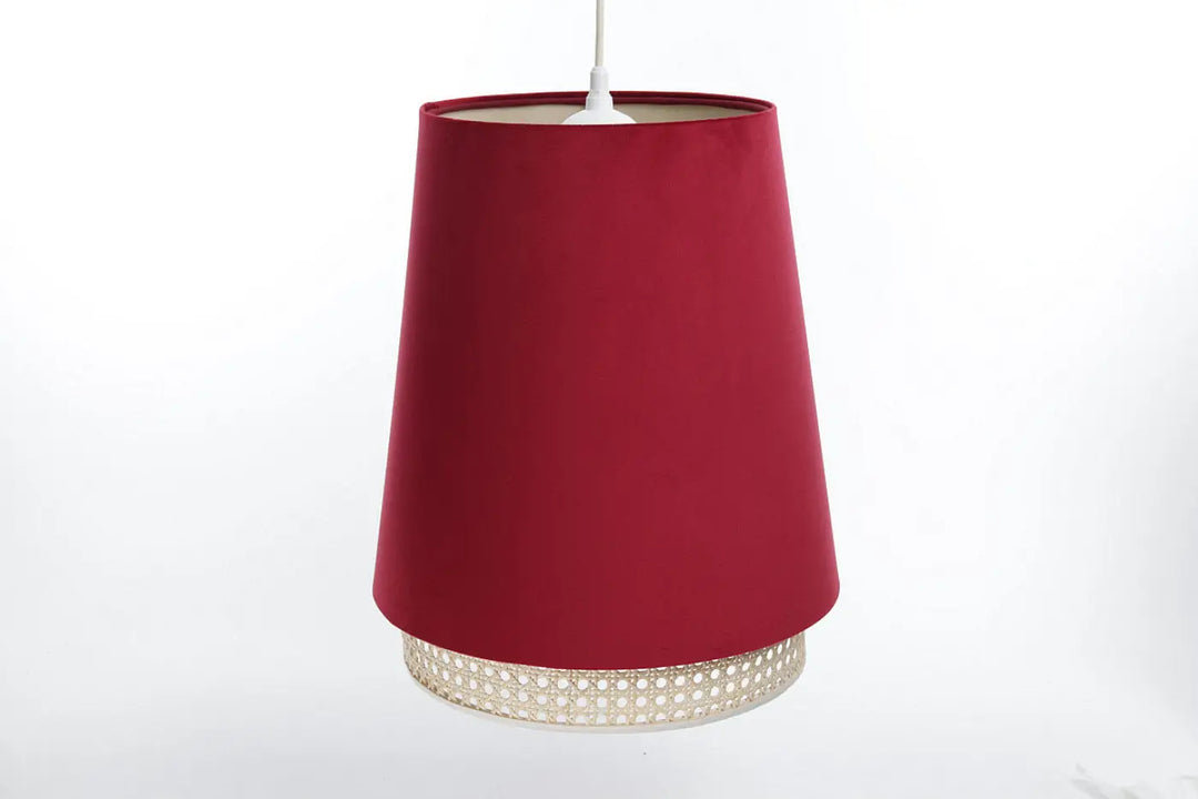 Suspension luminaire sensei rattan avec abat-jour rouge profond en tissu et base tissée argentée, luminaire turquoise