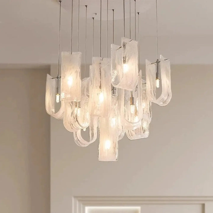 Suspension luminaire klassy en verre élégante avec panneaux translucides et tiges métalliques pour îlot moderne