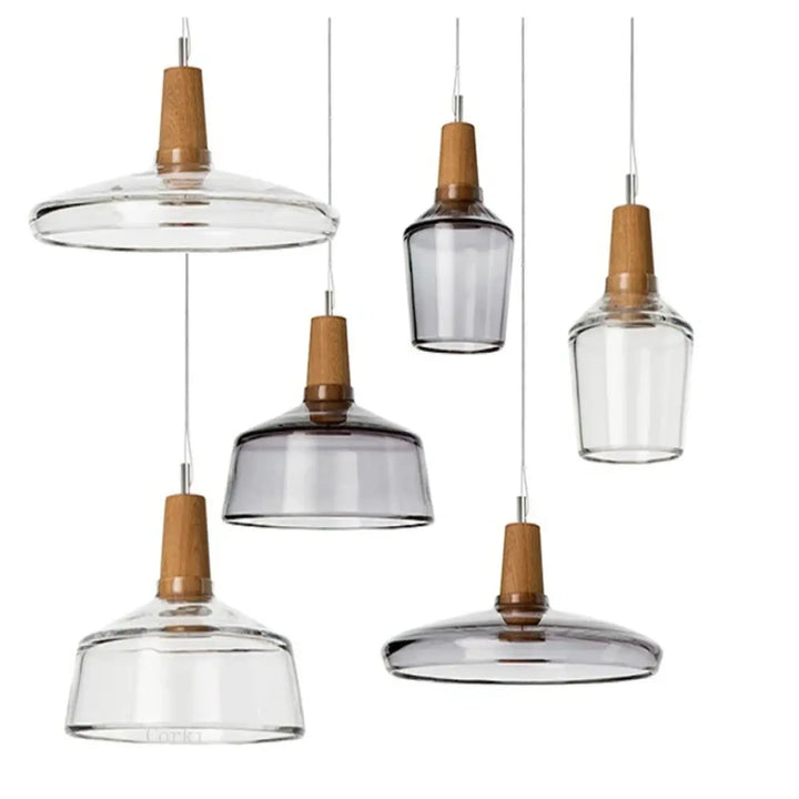 Suspension luminaire en verre fumé et bois design moderne élégant