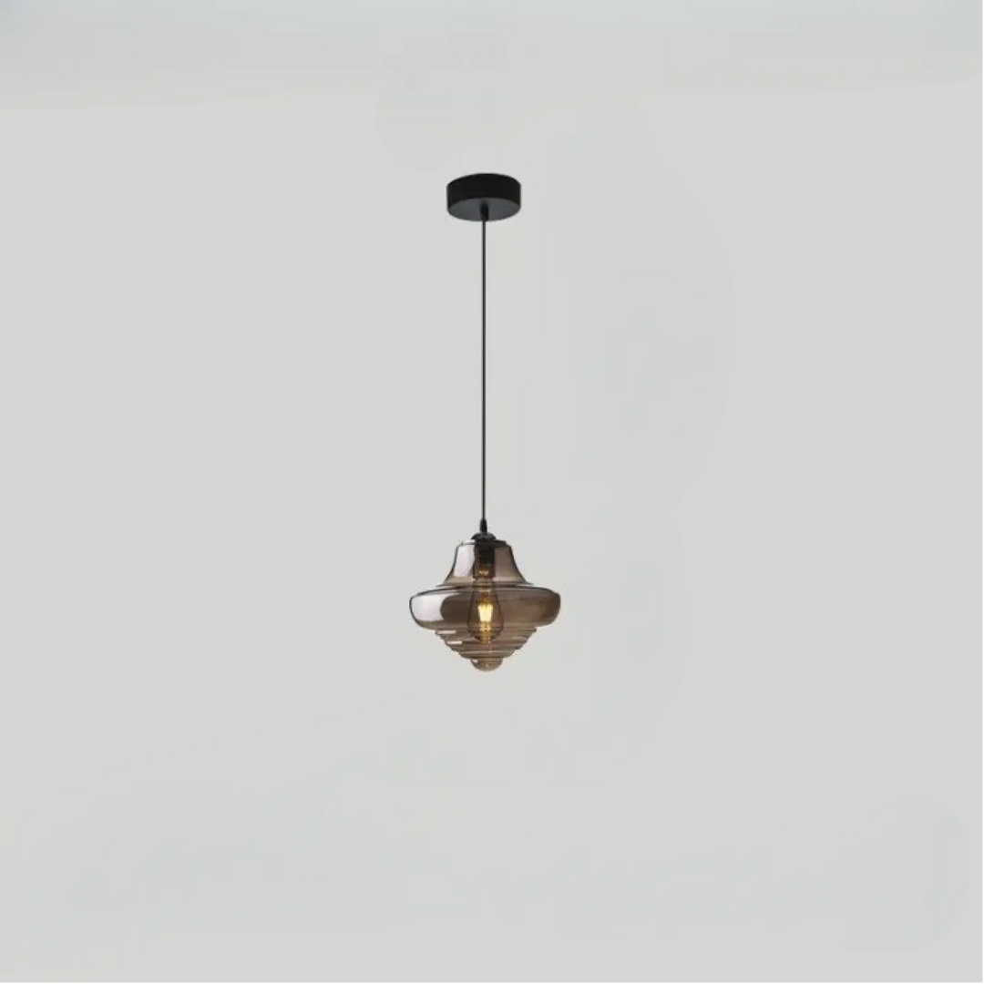 Suspension luminaire ondor avec abat-jour en verre fumé à étages et structure métallique noire moderne