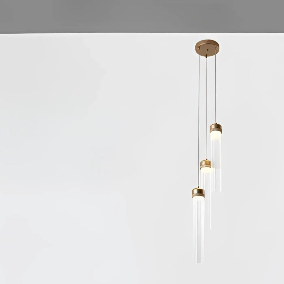 Suspension luminaire vibris en laiton finition moderne avec tubes en verre clair et ampoules led chaudes