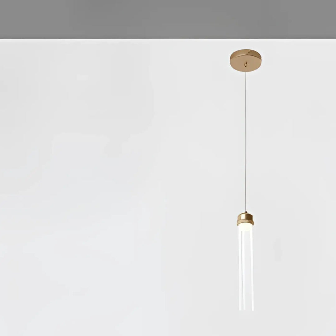 Suspension luminaire vibis minimaliste avec structure métal doré et tubes en verre transparent