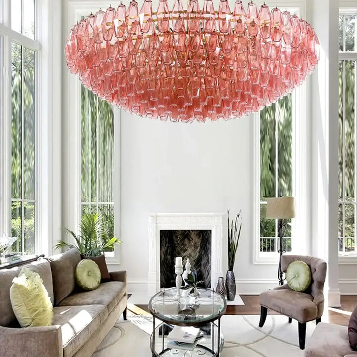 Suspension luminaire murano en verre sculpté rose translucide avec une finition soignée et un design en cascade