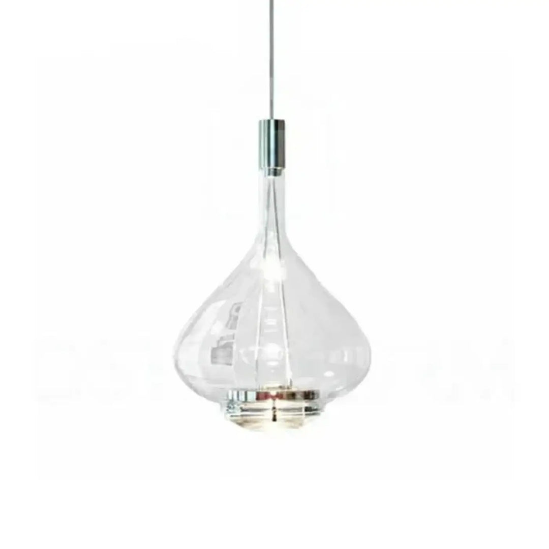 Suspension luminaire elys en verre soufflé clair avec design goutte et accents chrome poli effet fumé