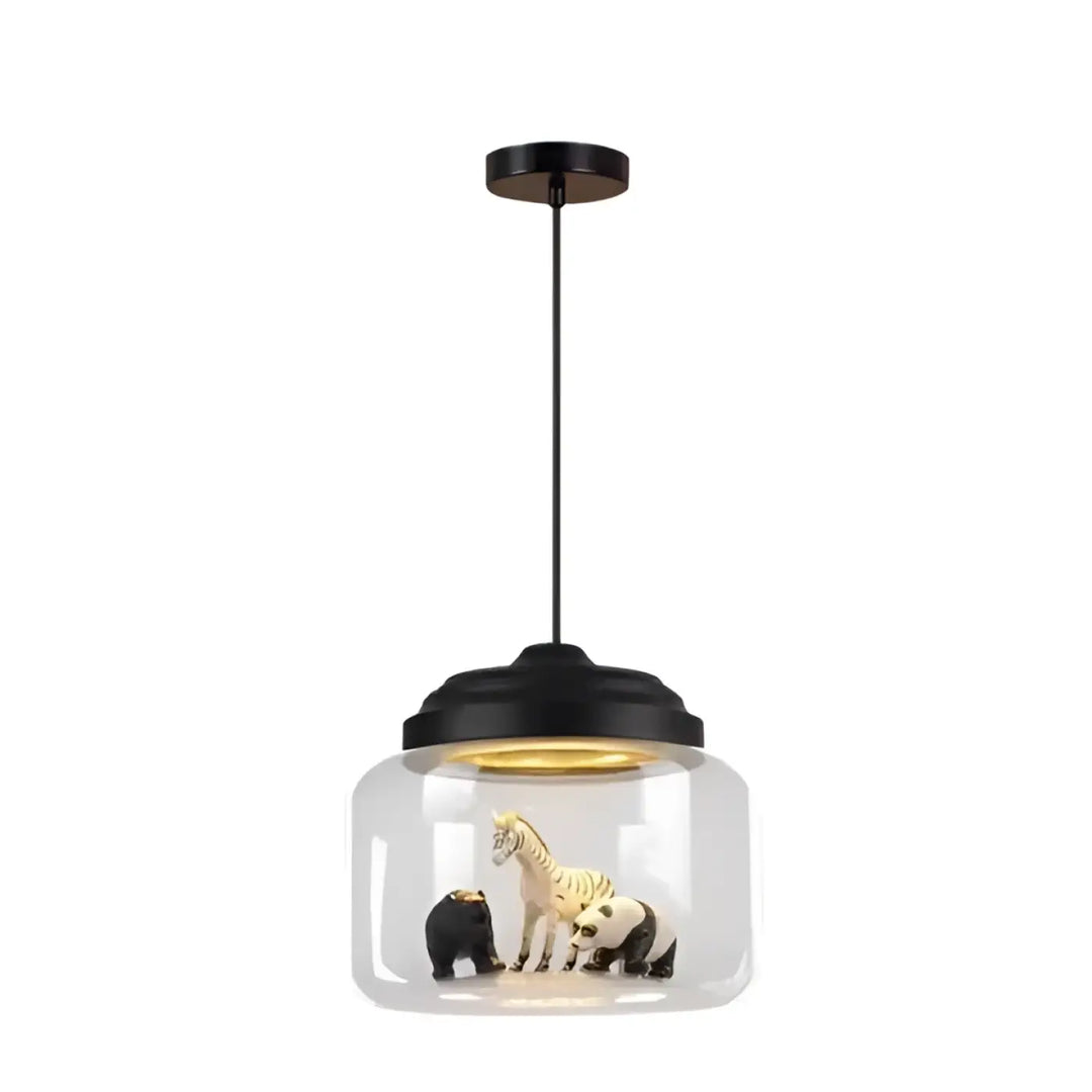 Suspension luminaire savana en verre transparent avec hardware métal noir et figurines d animaux sauvages miniature