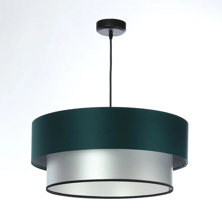 Suspension luminaire duo avec abat-jour tissu vert foncé et anneau intérieur argent design moderne