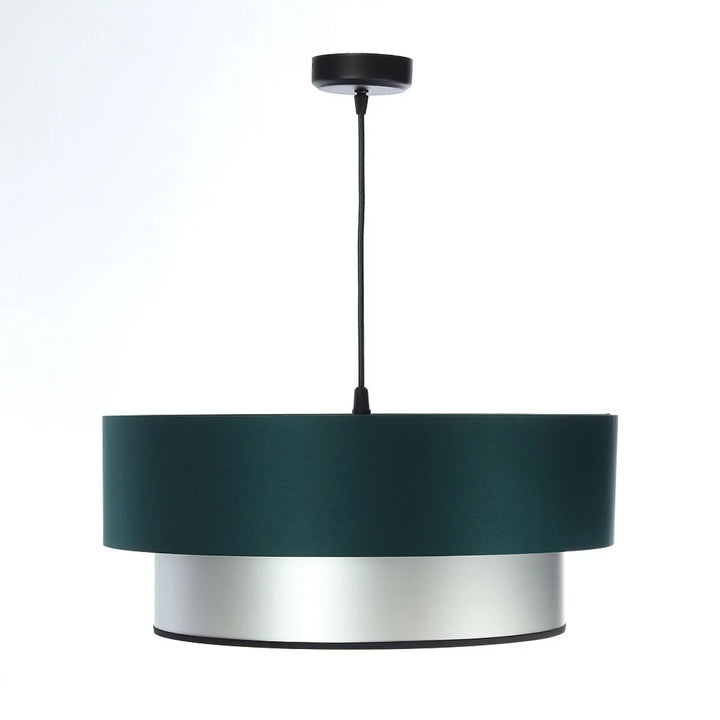 Suspension luminaire duo vert foncé avec abat-jour tissu et base métallique argent design moderne élégant