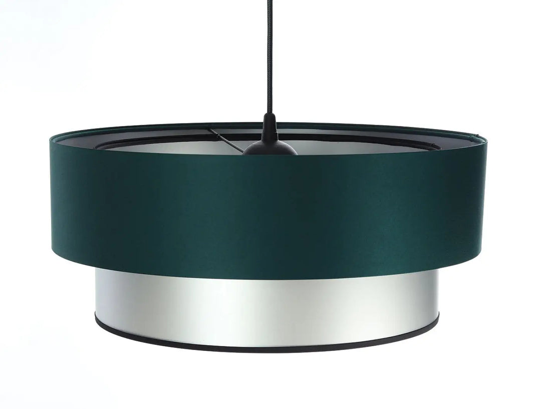Suspension luminaire duo vert foncé avec abat-jour en tissu et base argent design moderne en métal