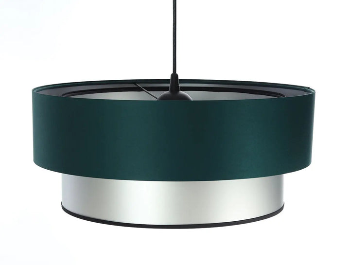 Suspension luminaire duo vert foncé avec abat-jour en tissu et base argent design moderne en métal