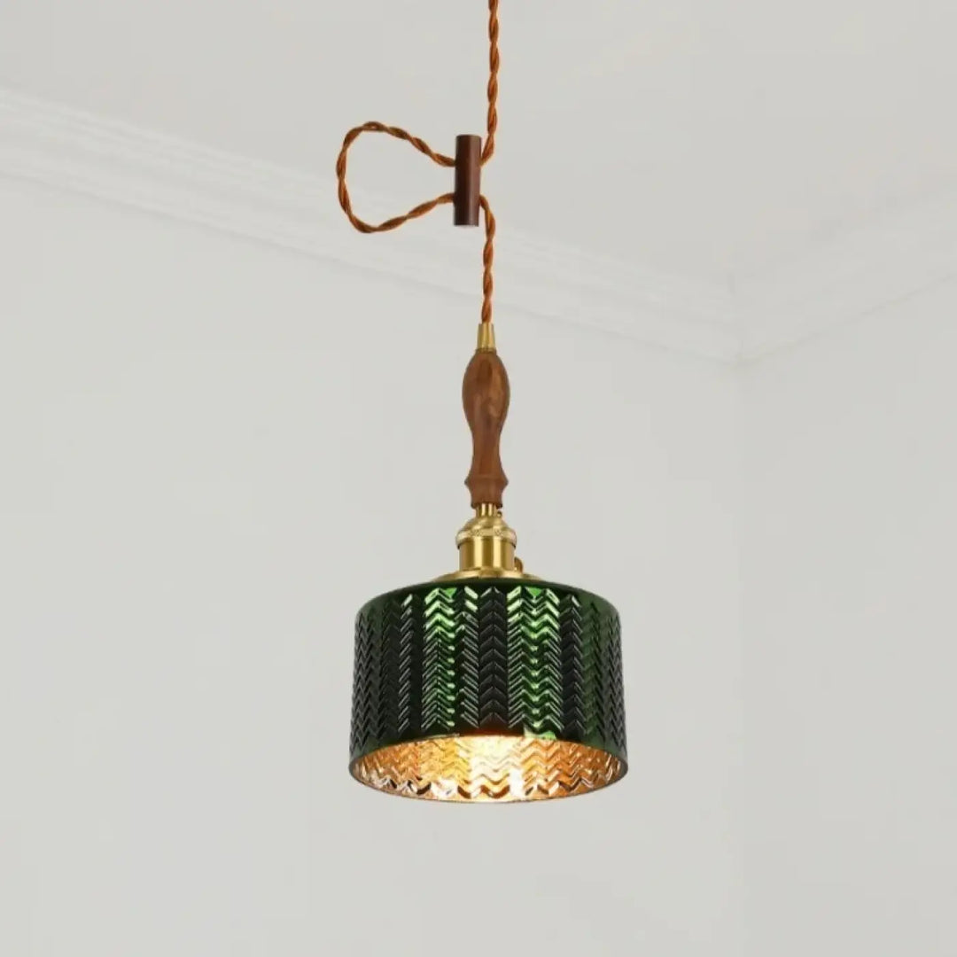Suspension vert foncé avec détail cuivre et bois chic