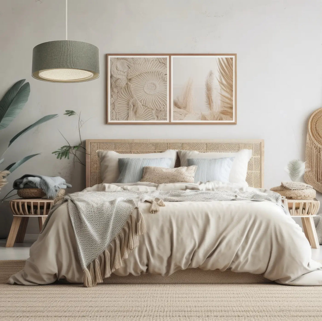 Suspension luminaire vert gris duo boho élégant avec cadre de lit en rotin beige tressé finition naturelle et motif géométrique