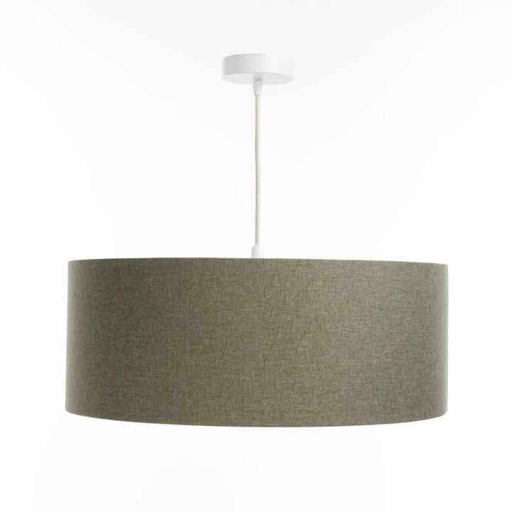 Suspension luminaire vert gris duo boho élégant en tissu cylindrique avec fixation plafond blanche et cordon éclaireur