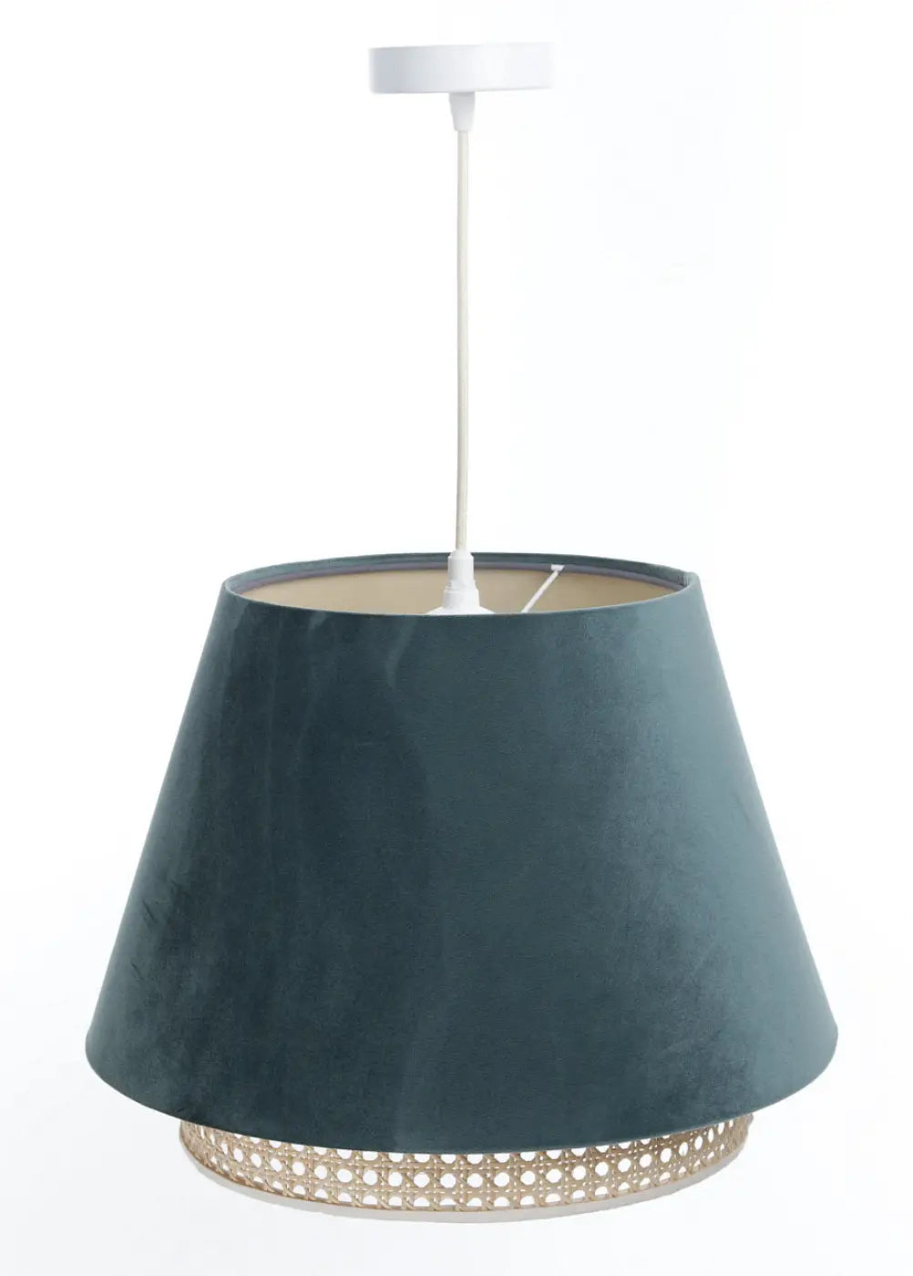Suspension luminaire vert sensei rattan avec abat-jour en velours teal et base en métal doré tressé