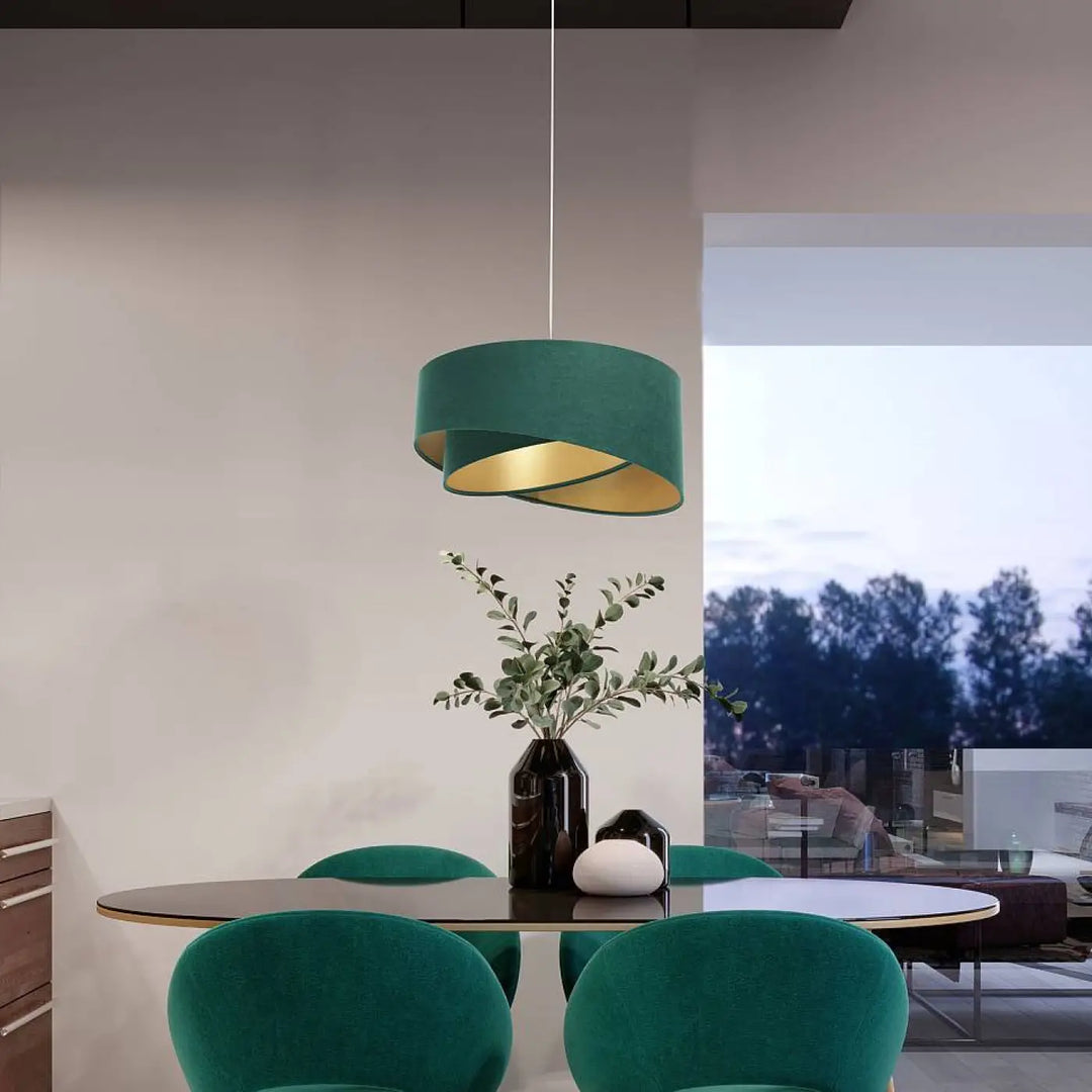 Suspension luminaire verte en velours émeraude avec intérieur doré et design torsadé superposé galazy auric vert