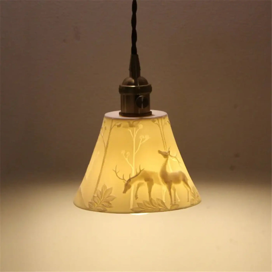 Suspension luminaire vintage abat jour motif cerf style nature