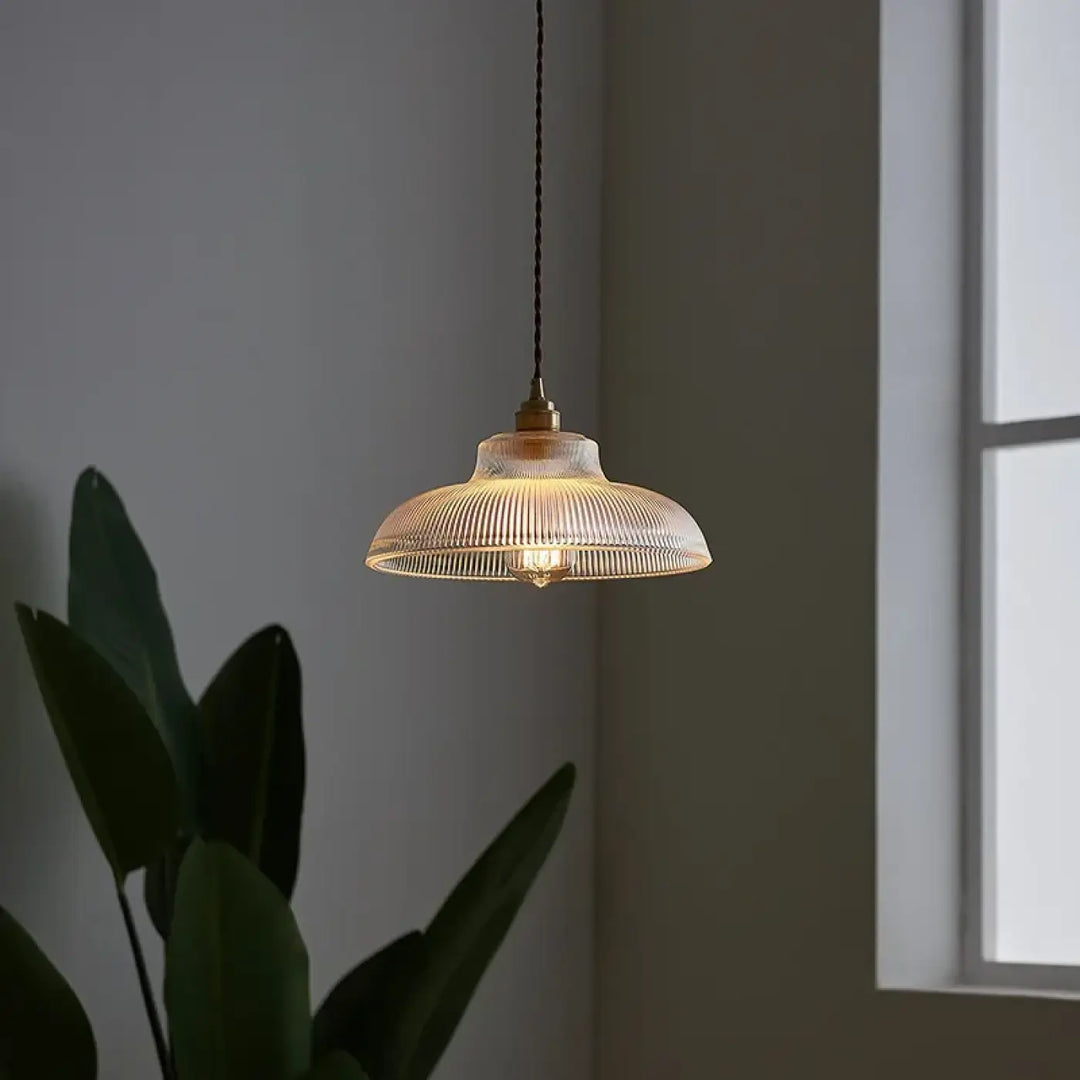 Suspension luminaire vintage verre transparent cannelé élégant