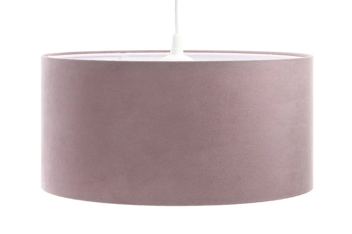 Suspension luminaire violet clair avec abat-jour tambour en velours mauve doux au design minimaliste classique jasmin