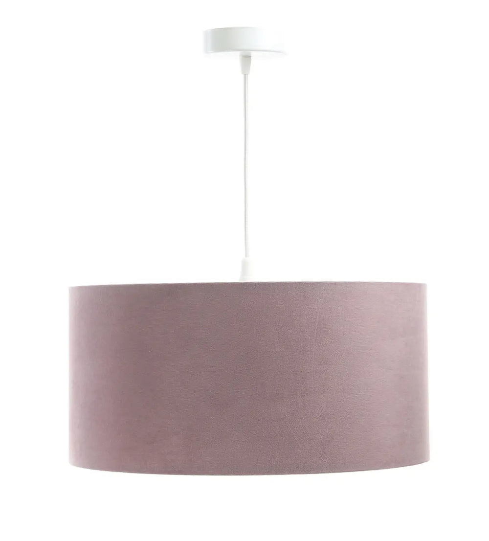 Suspension luminaire violet clair avec abat-jour cylindrique en tissu mat et fixation plafond blanc