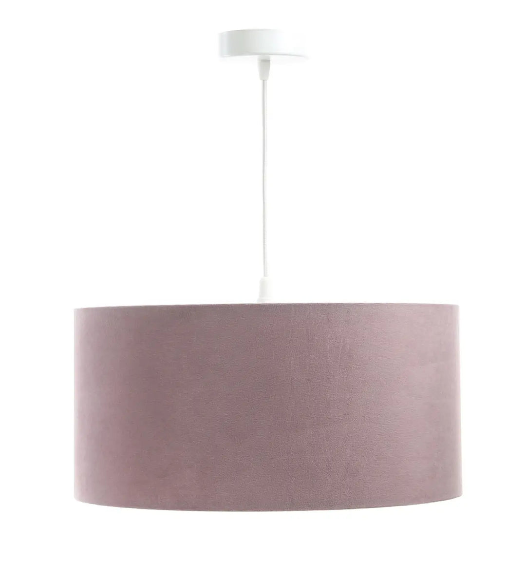 Suspension luminaire violet clair avec abat-jour cylindrique en tissu mat et fixation plafond blanc