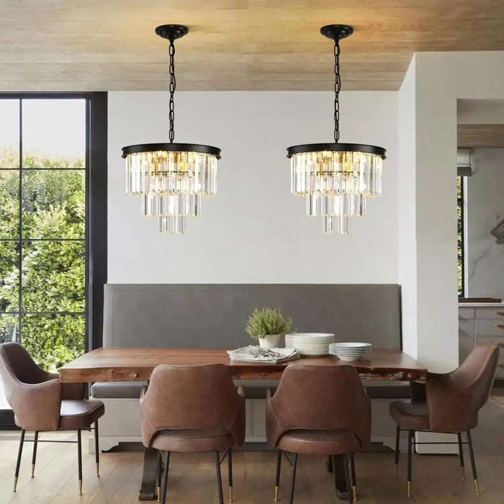 Suspension lustre cascade moderne verre cristal noir doré