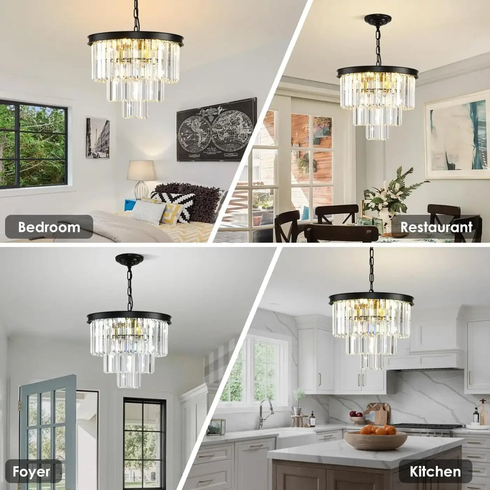 Suspension lustre cascade moderne verre cristal noir doré