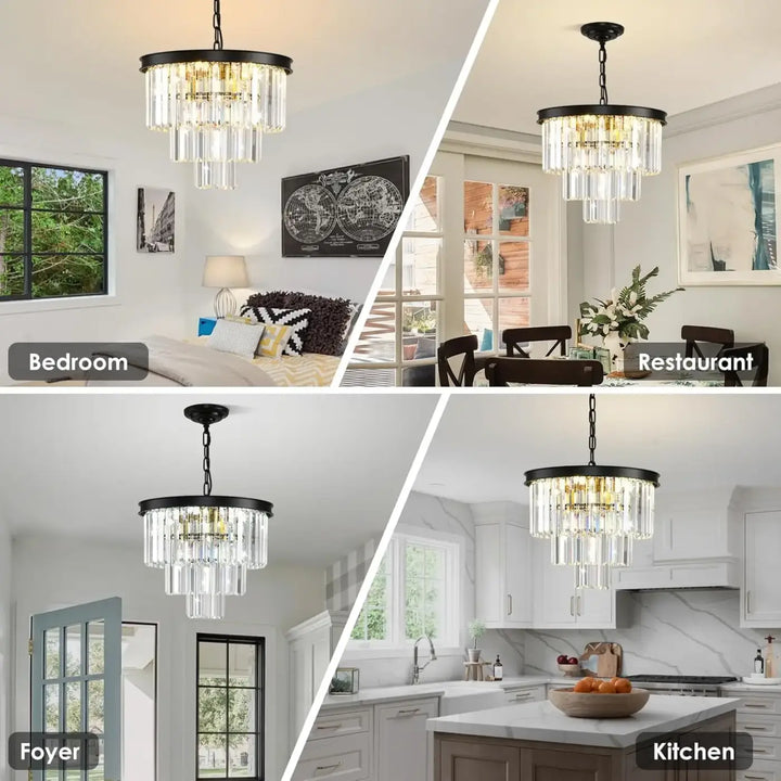 Suspension lustre cascade moderne verre cristal noir doré