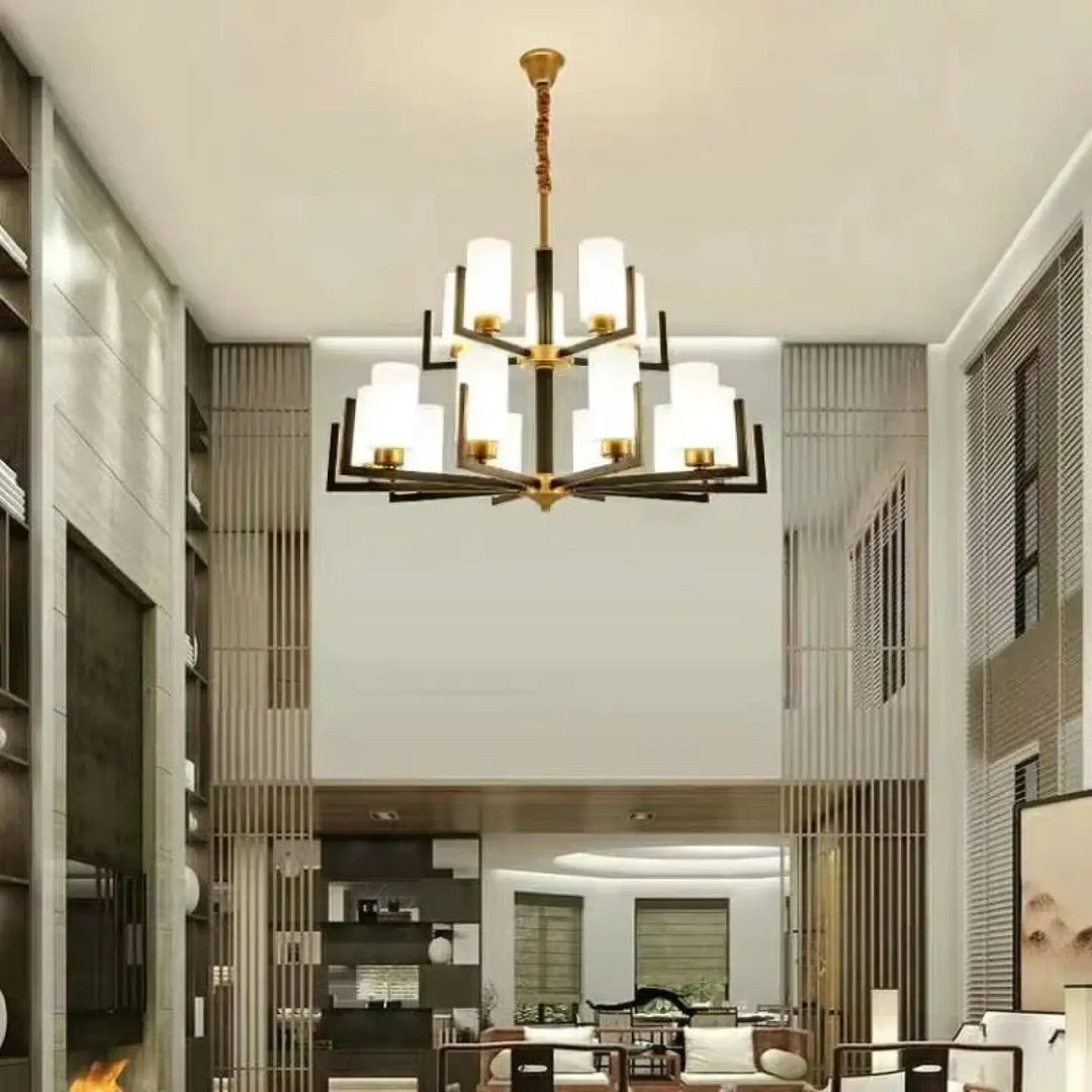 Suspension Lustre Contemporain Noir Doré Et Abat Jour Verre Chic