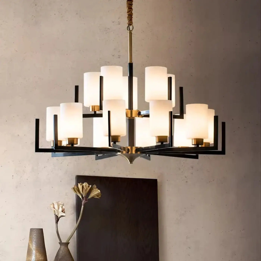 Suspension Lustre Contemporain Noir Doré Et Abat Jour Verre Chic