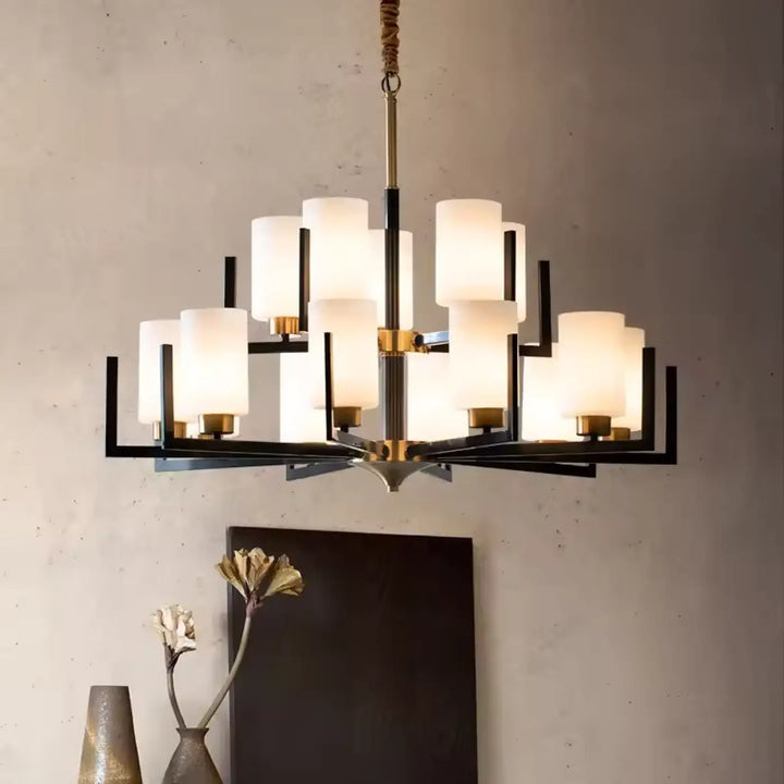 Suspension lustre contemporain noir doré et abat-jour verre chic