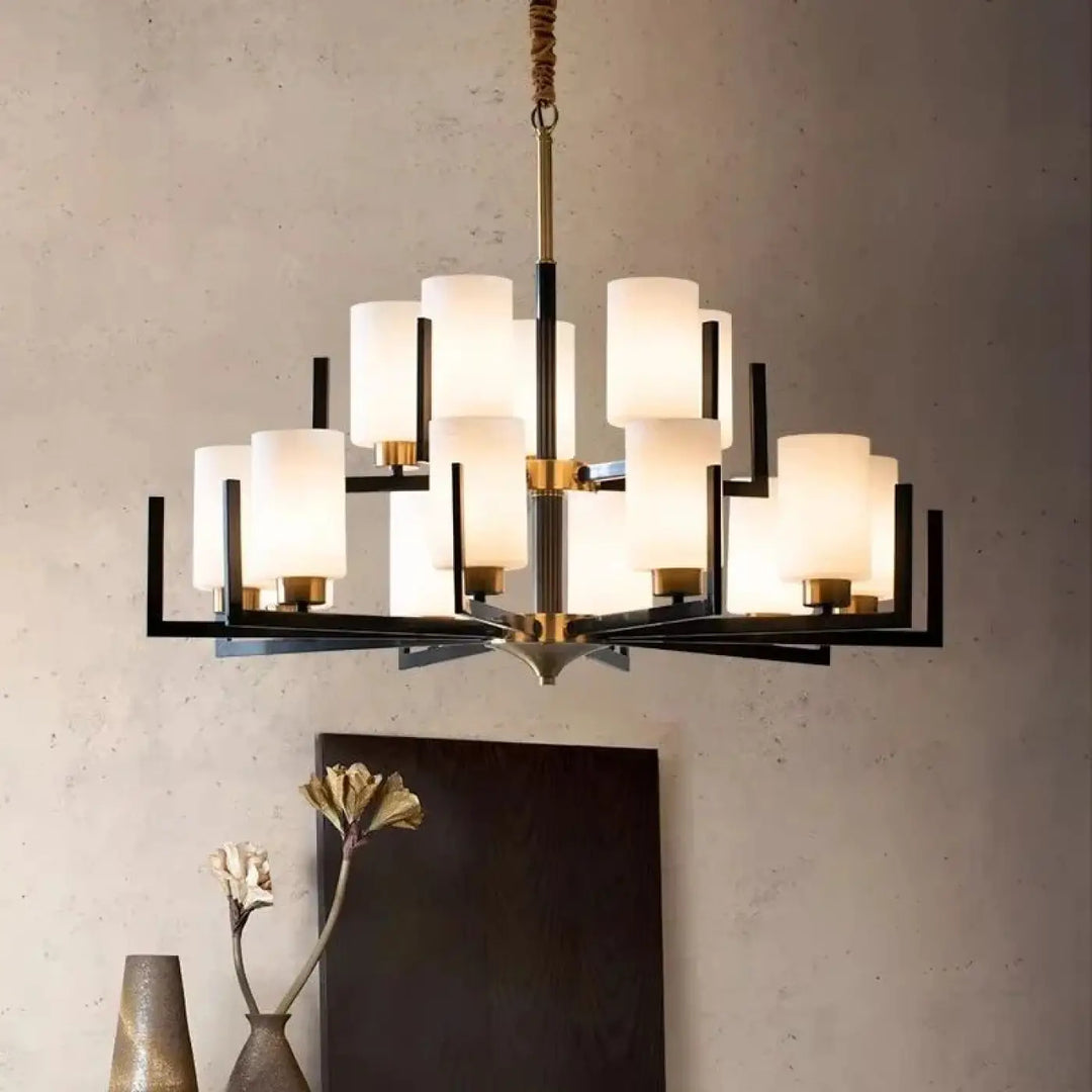 Suspension lustre contemporain noir doré et abat-jour verre chic
