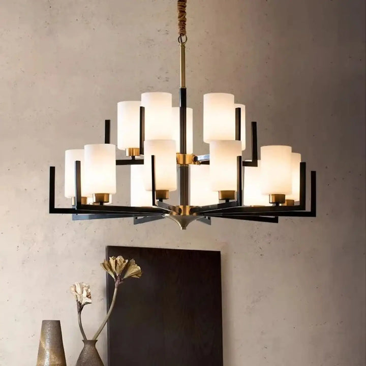 Suspension lustre contemporain noir doré et abat-jour verre chic