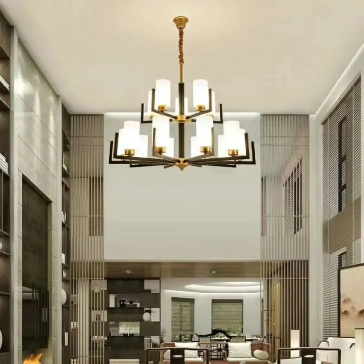 Suspension lustre contemporain noir doré et abat-jour verre chic