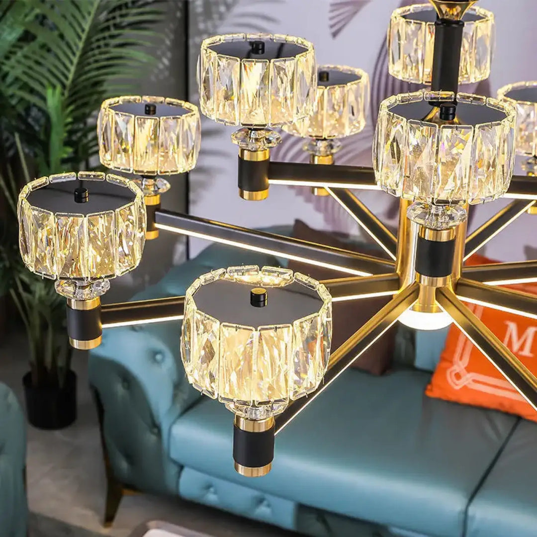 Suspension Luxueuse Design Verre Taillé Noir Et Doré

